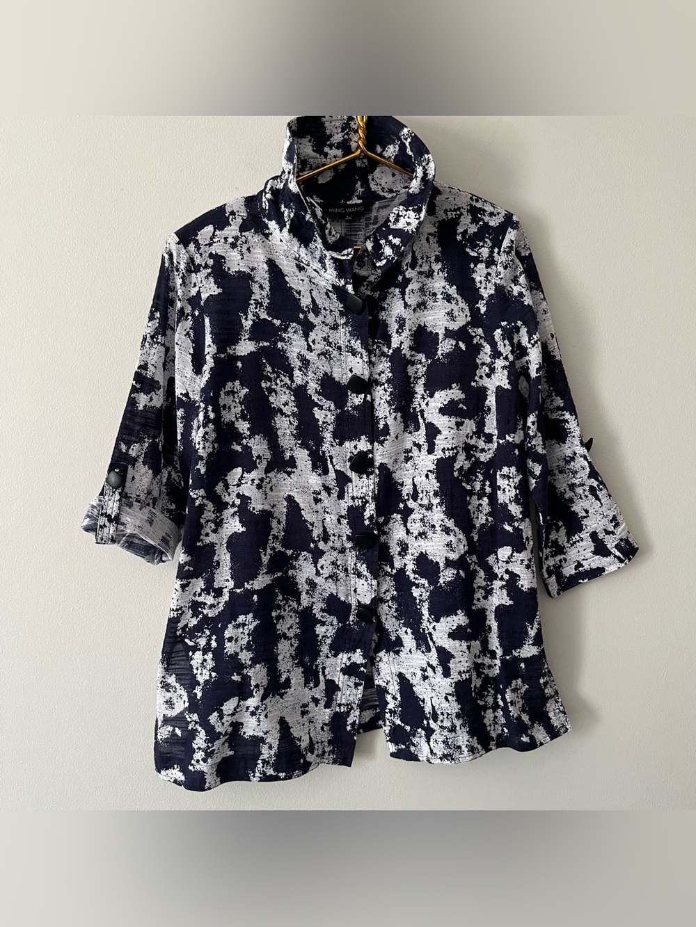 Ming Wang 100% Cotton Navy White Abstract Button Up Relaxed Mature Lagenlook L